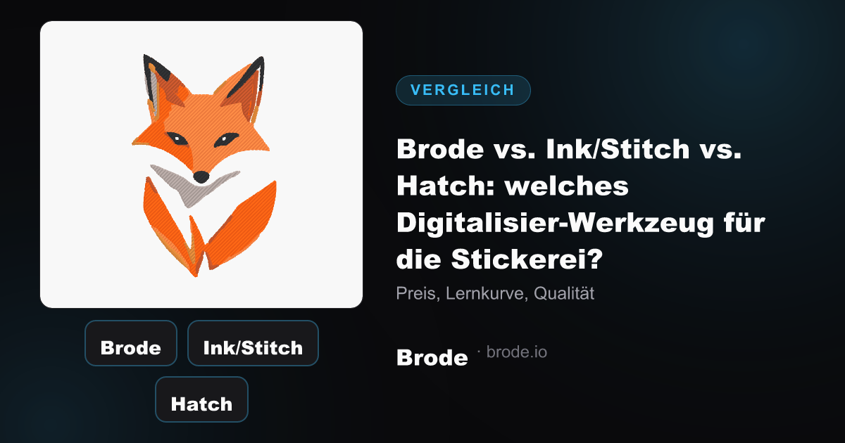Drei Werkzeugkarten (Brode, Ink/Stitch, Hatch) und ein echter Stickplan