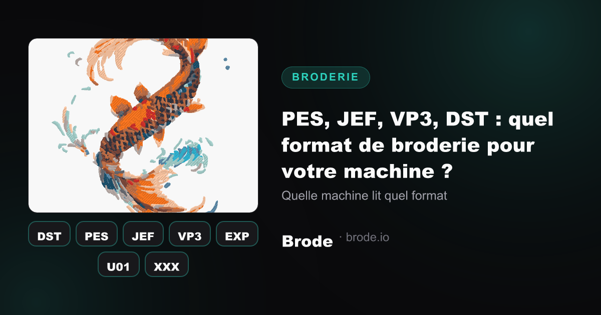 Rendu de points de broderie et grille des sept formats de fichiers : DST, PES, JEF, VP3, EXP, U01, XXX