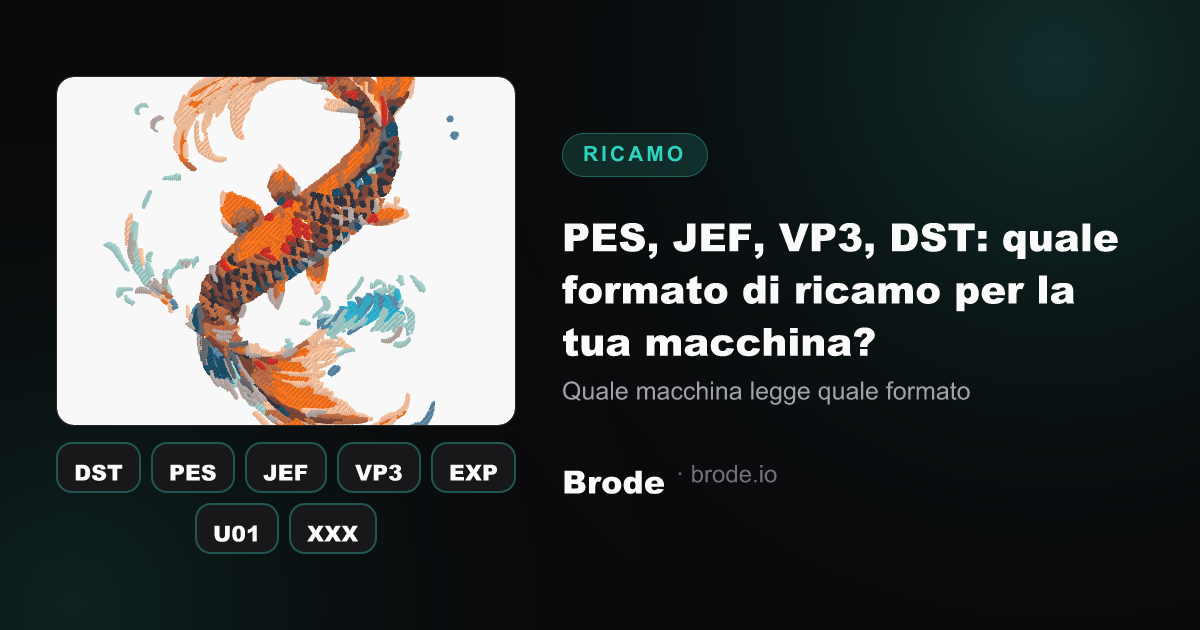 Resa dei punti del ricamo e griglia dei sette formati file: DST, PES, JEF, VP3, EXP, U01, XXX