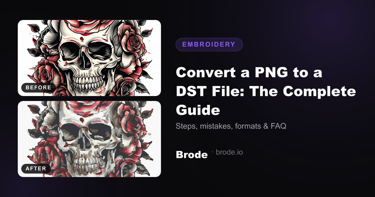 Before/after comparison: source PNG logo on the left, stitch render of the DST file on the right