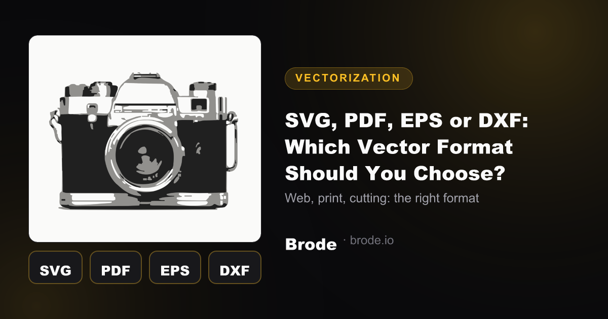 Four colored tiles presenting the SVG, PDF, EPS and DXF vector formats and their uses