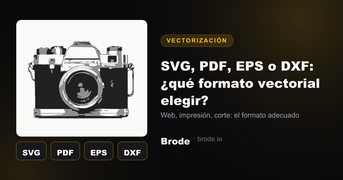 Cuatro fichas de colores que presentan los formatos vectoriales SVG, PDF, EPS y DXF con sus usos