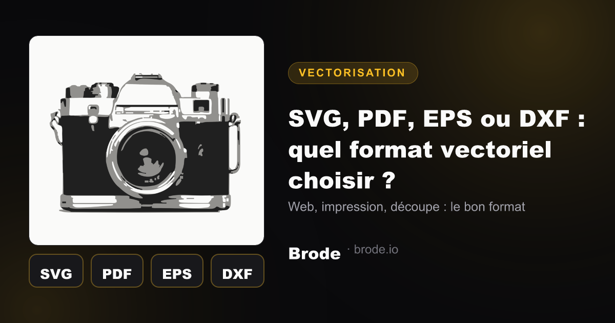 Quatre tuiles colorées présentant les formats vectoriels SVG, PDF, EPS et DXF avec leurs usages