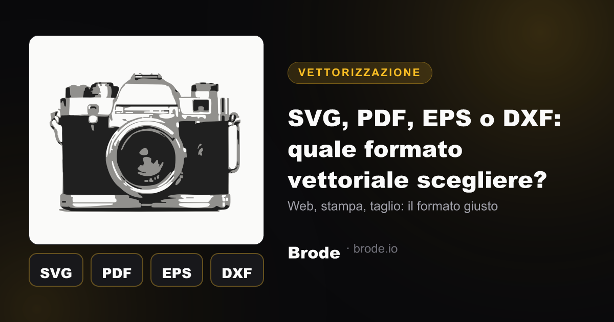 Quattro tessere colorate che presentano i formati vettoriali SVG, PDF, EPS e DXF con i loro usi