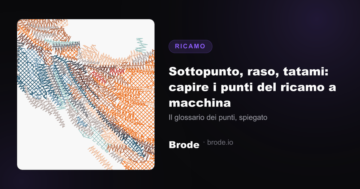 Diagramma di anatomia dei punti del ricamo: sottopunto rado, colonna di raso fitta, riempimento tatami inclinato