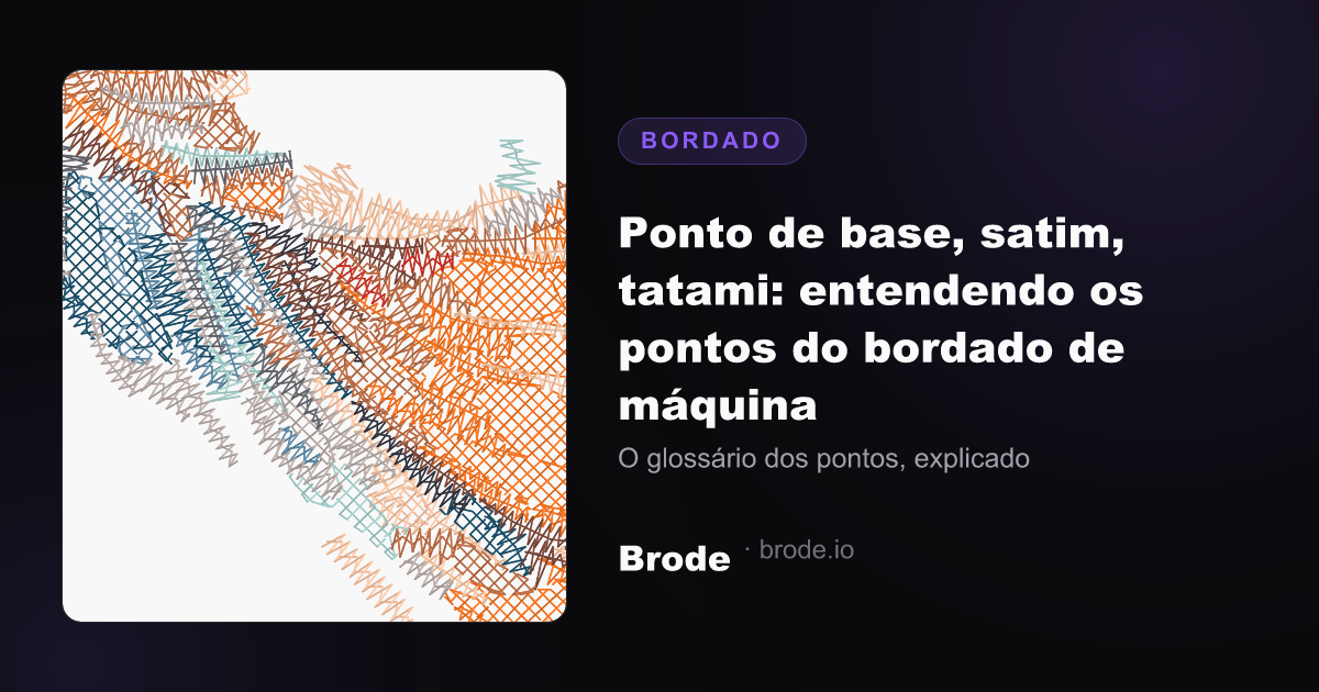 Diagrama de anatomia dos pontos de bordado: ponto de base ralo, coluna de satim fechada, preenchimento tatami inclinado