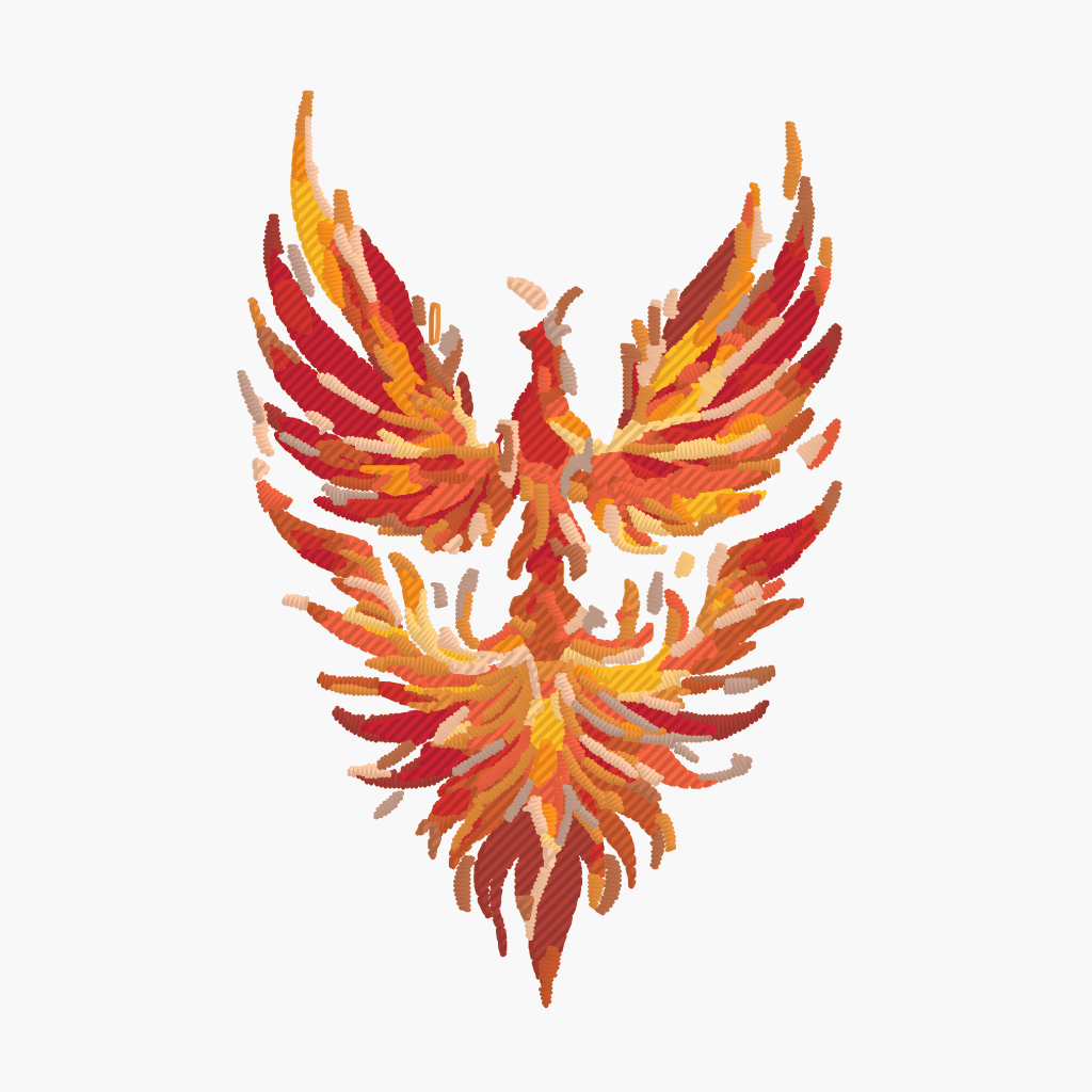 Phoenix · 12 threads · 21,905 stitches — satin stitch on the flames